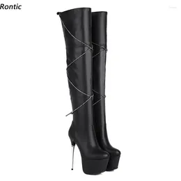 Boots Rontic Women Winter Over Knee Genuine Leather Stiletto Metal Heel Round Toe Black Beige Silver Club Shoes US Size 3-10.5