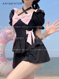 Women's Swimwear Summer Japanese Cute Puff Sleeve Lolita One Piece Swimsuit Women Sweet Bow Patchwork Kawaii Slim