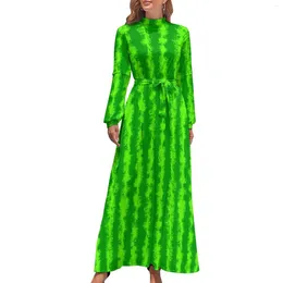 Casual Dresses Green Striped Dress Watermelon Print Kawaii Custom Maxi High Waist Long Sleeve Aesthetic Beach