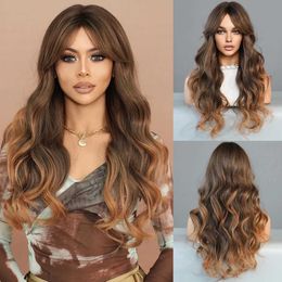 Synthetic Wigs 7JHH wig loose body wave middle brown Umbrey blonde with curtain bangs high-density hair suitable for womens daily use Q240427