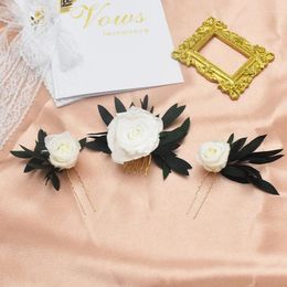 Decorative Flowers Bridal Rose Hair Pin Comb White And Green Piece For Rustic Barn Wedding Minimalist Accessories Gold