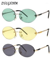 Sunglasses ZULGXIHM Retro Oval Rimless Women Uv400 Yellow Green Blue Male Sun Glasses Small Men Round Shape Metal Gift Summer6515763