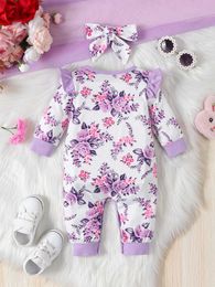 Rompers Cute 2-piece new girl costume set - floral print long sleeved jumpsuit and bow hair spring/summer baby clothingL24F