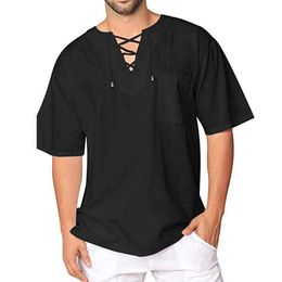 Summer Mens T-shirt Cotton Linen Short Sleeved Casual Loose Shirts Male Breathable Solid Colour Lightweight Tops 240418
