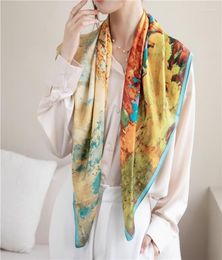 Scarves Summer Beach Stoles Silk Satin Square Scarf Women Luxury Print 90cm Spring Shawl Wrap Female 2022 Hijab Neckerchief Bandan6590618