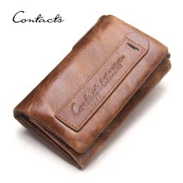 Purses CONTACT'S Crazy Horse Leather Key Wallets For Men Hasp Design Zip Coin Purse Key Chains Vintage Slim Key Purse Men's Money Clip