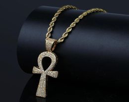 Hip Hop Silver/Gold Colour Jesus Egyptian Ankh Key Pendant Necklaces Cubic Zirconia Long Chains for Male and Women8416160