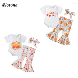 Clothing Sets Blotona Kid Girl Romper Pants Suit Short Sleeve Round Neck Top Long Bell-Bottoms Trousers Outfit Headband 0-18Months