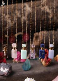 Plated Gold Chains Small Perfume Bottle Natural Gemstones PendantsQuartz Crystal Essential Oil Diffuser Vial Necklace Charms1517098