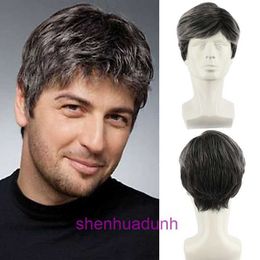 Mens wig gray black fluffy short straight hair synthetic fiber elastic mesh headband mens wigs