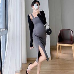 Maternity Dresses 2024 Summer Pregnant Womens Clothing Korean Side Split Square Collar Dress Stretching Cotton Q240427