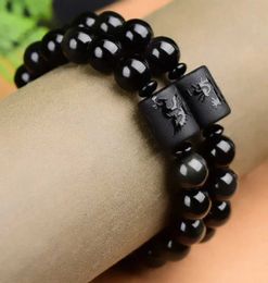 Beaded 10/12mm natural black obsidian carved Buddha lucky amulet circular bead string bracelet suitable for women men Jewellery and New Year gifts