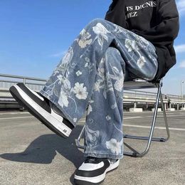 Men's Jeans Korean style mens fashionable blue printed jeans 2024 spring new floral denim pants high street loose straight couple Trousers Q240427