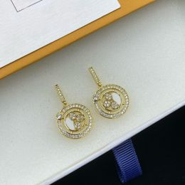Luxury, gold earrings, high quality, brass material, designer earrings, classic flowers, round pendants, Zircon, full of fashion, Charm, Designer jewelry, wedding, party
