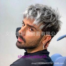 Wig New Mens wig set mens silver Grey gradient small curl short hair
