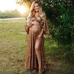 Maternity Dresses Sexy pregnant woman photography props dress sequins transparent side seams simple Bohemian long accessories Q240427