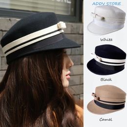 Berets Y2K Japanese Stripe Bow Equestrian Caps White Wool Tweed Cap Contrast Sboy Hats