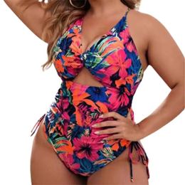 High Waisted Swiming Suits Plus Size Floral Print Cutout Drawstring Monokini One Piece Swimsuit Women 240426