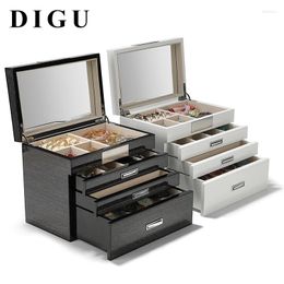 Jewelry Pouches High Grade Stock Luxury Multifunctional Three Layer Solid Wood Black Paint Storage Box With Mirror