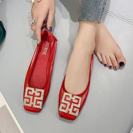 Casual Shoes 2024 Summer Shallow Mouth Square Head Fashion Metal Inlaid Diamond Soft Sole Leather Elegant Women's Flat