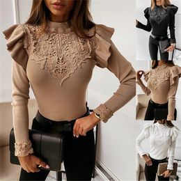 Women's T Shirts Autumn And Winter Long Sleeved Round Neck Lace Decoration Solid Colour Bottom Shirt For Clothing