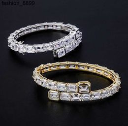 14K Yellow Gold Men Ladies Square Diamond Bangle Bracelet 6MM Iced Out Cubic Zirconia Tennis Bracelet Hiphop Jewelry