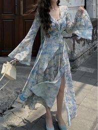 Work Dresses Korejepo Women Summer V Neck Waist Cinched Floral Camisole Dress Shawl Cardigan Gentle Two Piece Sets 2024