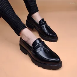 Casual Shoes Men Business Office Formal Slip-on Natural Leather Tassels Shoe Black Stylish Platform Loafers Gentleman Footwear