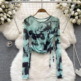 Women's T Shirts Tie Dye T-shirtr Women Spring Long Sleeve O-neck Thin Slim Loose Shirring Design Fashion All-match Transparent Sexy