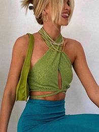 Women's Tanks Green Sexy Bandage Halter Crop Tops For Women Sleeveless Backless Club Party Chic Wrap Cropped Top Slim Streetwear