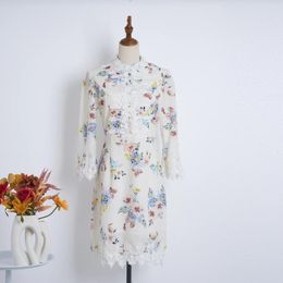 Casual Dresses Women's Summer Dress 2024 Patchwork Chiffon Lace Print Long Sleeve Single Breasted Stand Neck Turtleneck