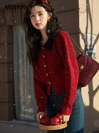 Women's Knits Autumn Winter Cropped Knit Sweater Women 2024 Vintage Office Ladies Lapel Round Neck Knitted Cardigan Tops Jumpers MXC56Z0440