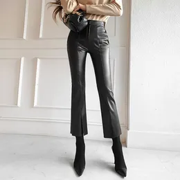 Women's Pants Korean Elegant Split PU Leather For Women Winter High Waist Pockets Velvet Trousers Black Ladies Faux Suits