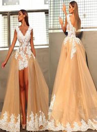 Champagne Deep V Neck Cap Sleeve Short Arabic Evening Dresses With Detachable Train Backless Sweep Train Sexy African Prom Dress A8376590