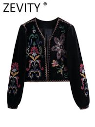 Jackets Zevity Women Vintage Flower Embroidery National Style Short Coat Ladies Retro Open Stitching Casual Velvet Jacket Tops CT100