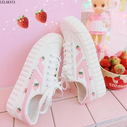 Fitness Shoes Women Sneakers Flat Strawberry Printed Sweet Girls Casual Canvas Lace Up White Shoe Students Fashion Cute Breathable Flats