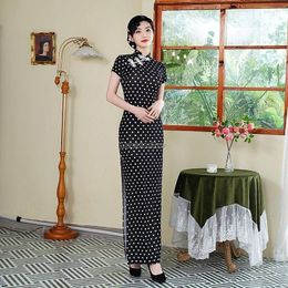 Ethnic Clothing 2024 Chinese Summer Women Polka Dot Pattern High Slit Cheongsam Dress Long Stretch Improved Retro Fashion Slimming Qipao