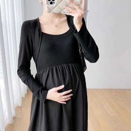 Maternity Dresses 2024 Autumn Maternity Dress Long Sleeve O-neck High Waist Pregnant Woman A-line Dress Maternity Dresses for Photo Shoot Black