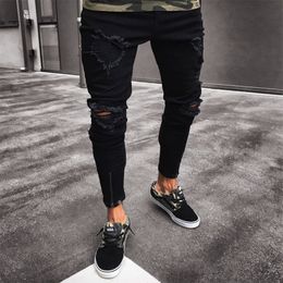 Mens Cool Designer Brand Black Jeans Skinny Ripped Destroyed Stretch Slim Fit Hop Hop Pants With Holes For Men292F