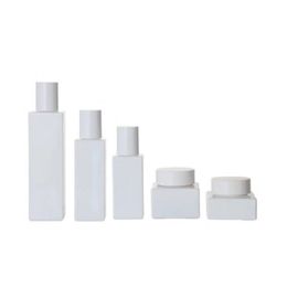 Glass Refillable Bottle Lotion Pump 120ml 100ml 50ml 30ml 30G 50G Square Cosmetic Essence Emulsion Makeup Container White Lid 30G 50G Pearl White Empty Cream Jars