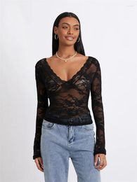 Women's T Shirts Women Floral Lace Long Sleeve V Neck Basic T-shirt See Through Beach Club Sexy Crop Tops Aesthetic Grunge Clothes