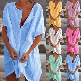 2024 Sexy Beach Swimsuit CoverUp Blouse Shirt Cotton Linen Long Fashion Casual Solid Colour Dress 240417