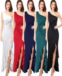 Women039s Solid Colour Slim Maxi Dress Summer One Shoulder Sleeveless Split Ruffle Bodycon Celebrity Cocktail Party Night Dresse6021089