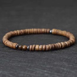 Beaded Note 4mm Mens Natural Coconut Bead Bracelet Vintage Meditation Wood Treatment Small Yellow Copper Tiger Eye Stone Pulsera Homme1