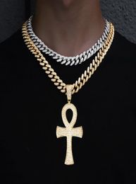 Chains Egyptian Ankh Necklace Charm Men's Pendant Rope Chain Key Of Life Iced Out Rhinestone Cuban Hip Hop Jewelry1313033