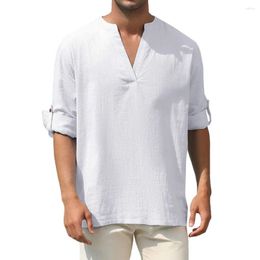 Men's Casual Shirts 2024 Leisure Fashion Long Sleeved Shirt Solid V-neck Cotton Linen