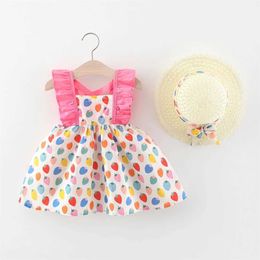 Girl's Dresses Summer girls dress and hat two-piece set baby girl cartoon Coloured strberry print small flying sleeve princess dress