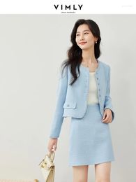 Work Dresses Vimly Light Blue Elegant Tweed Sets For Women 2 Pieces O-neck Cropped Jacket A-line Mini Skirt 2024 Spring Matching M6675