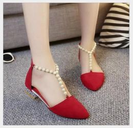 New sexy women039s shoes pointed diamond single shoes low heel with fashion red pearl sandals female9418736