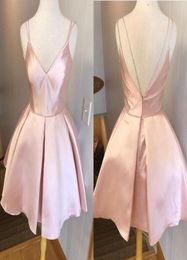 Lovely Pink Homecoming Dresses V Neck Spaghetti Straps Satin Ruffles Backless Prom Dresses Sexy Party Dresses8783522